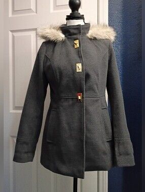 Maralyn & Me Charcoal Gray Wool-Blend Pea Coat with Faux-Fur Trim